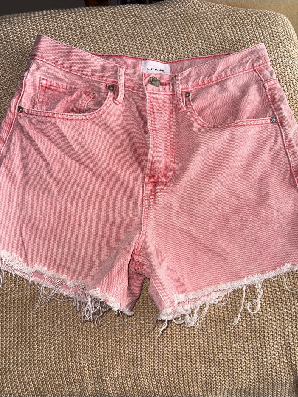 Frame Denim Pink High-Rise Cutoff Shorts with Frayed Hem